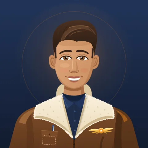 Bruv, a friendly cartoon aviation mechanic with short brown hair, a navy work shirt and a brown leather jacket with a fleece collar and a gold wings pin.