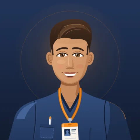 Bruv as a medical office coder: the same face, in navy scrubs with an orange lanyard and a blank ID badge.